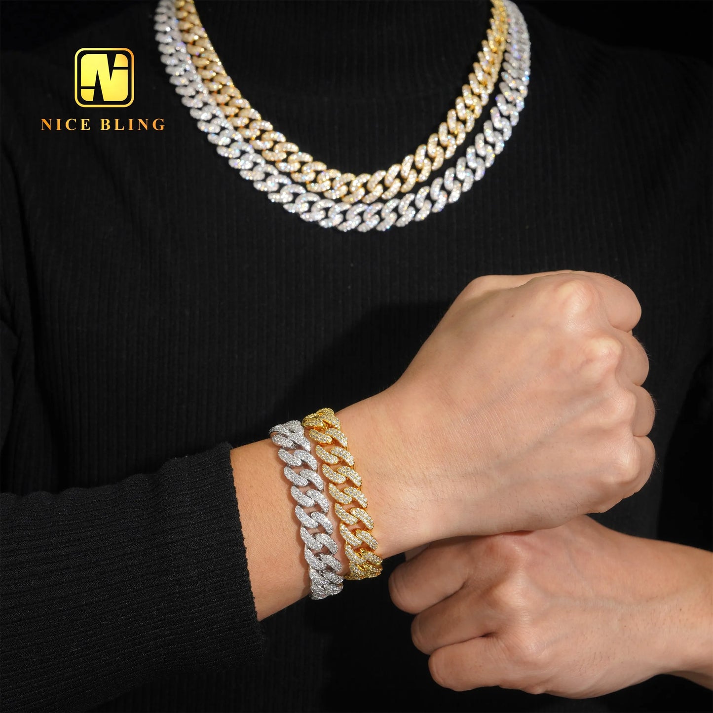 Wholesale Iced Out Hip Hop Necklace 2 Rows Round Shape 13mm Cuban Link Chains Gold Plated Brass 5a  CZ Diamond Necklace Bracelet