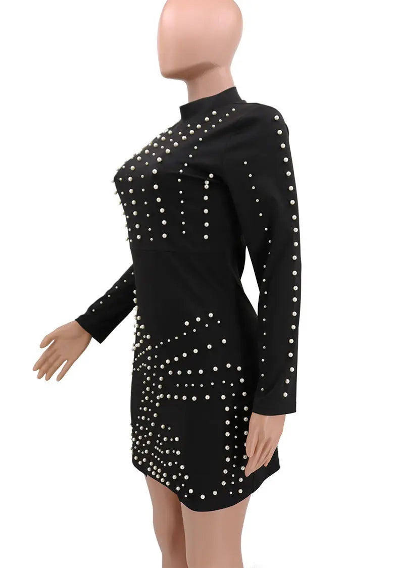2022 New Fashion Mature Women Bandage Dress Wholesale Pearls Beading Long Sleeve Casual Dress