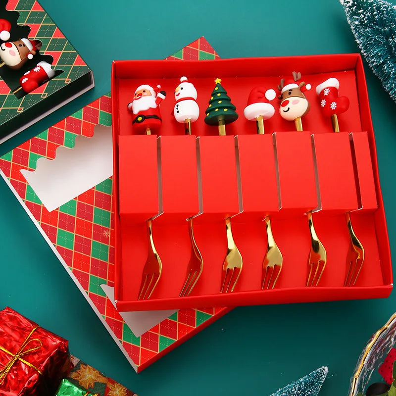 Christmas Tableware Santa Elk Doll Dessert Spoons Fork 2pcs Set One Gift Set Box
