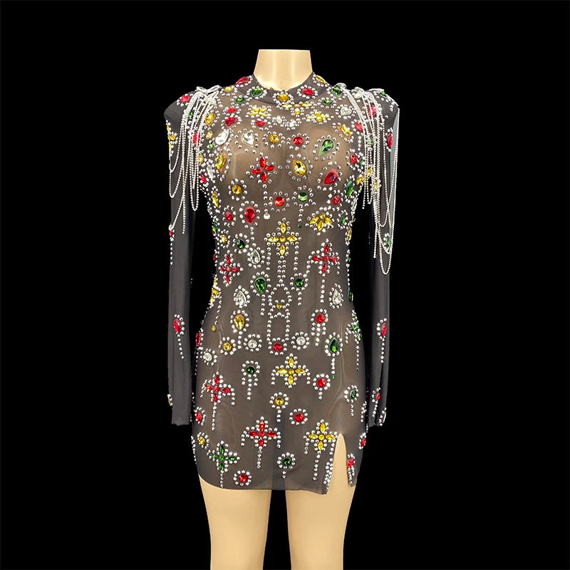 NOVANCE Fall Clothing for Women Multi-color Stones Transparent Mesh Sparkling Sexy Dress Sexy Club Long Sleeve Dresses