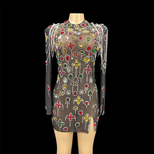 NOVANCE Fall Clothing for Women Multi-color Stones Transparent Mesh Sparkling Sexy Dress Sexy Club Long Sleeve Dresses