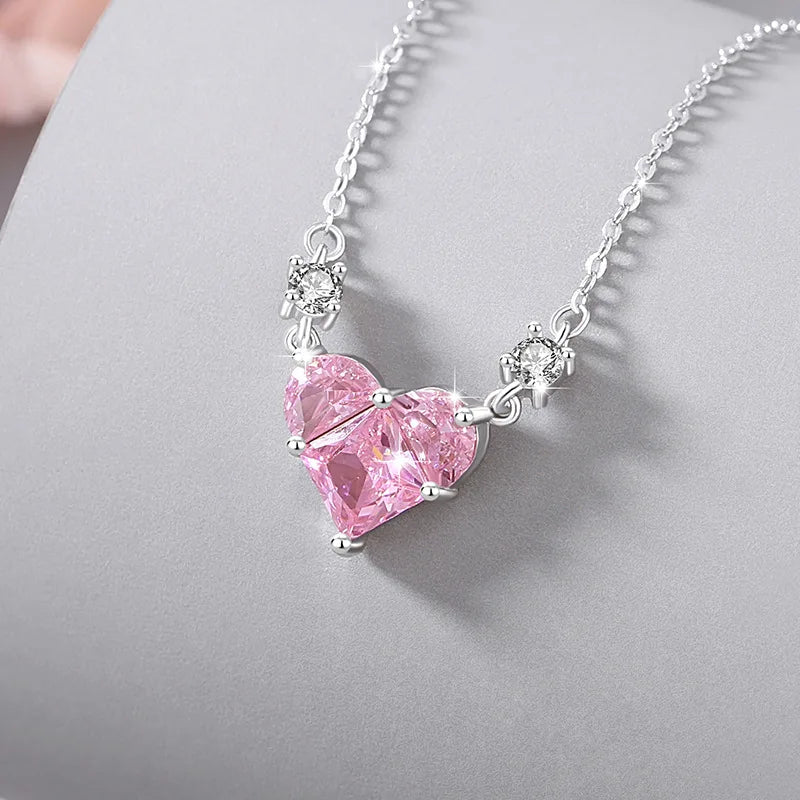 Fine Luxury 925 Sterling Silver Female Ins Wind Heart- Shaped Zircon Necklace Set Pink Diamond Trendy Style for Weddings Parties