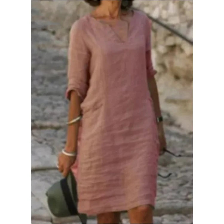 Vintage Women Solid Mini Dress Summer Fashion V-neck Three Quater Sleeve Cotton Linen Dress Ladies Casual