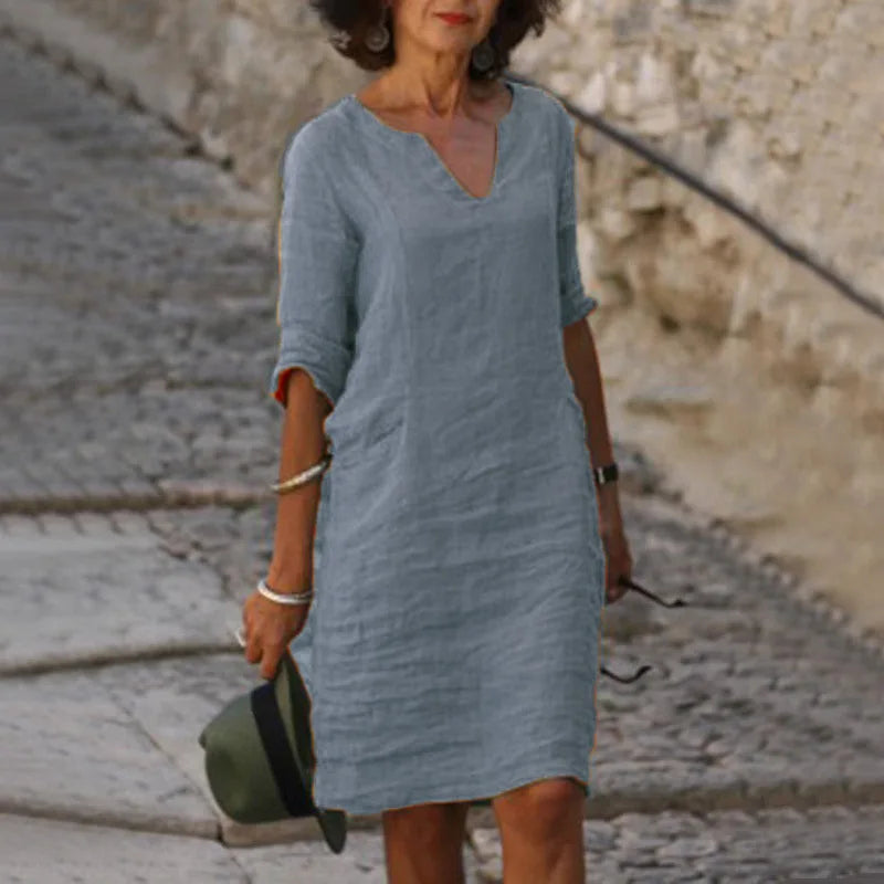 Vintage Women Solid Mini Dress Summer Fashion V-neck Three Quater Sleeve Cotton Linen Dress Ladies Casual