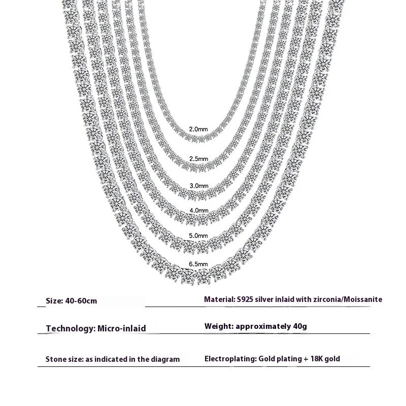 Luxury Hip Hop Fine Jewelry 925 Sterling Silver 2mm 3mm 4mm 5mm 6.5mm VVS Moissanite Diamond Tennis Chain Necklace for Men Women