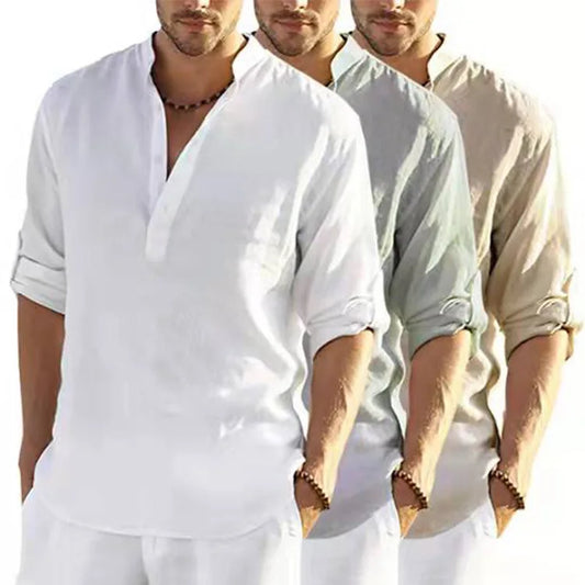 Factory Spot Linen Shirts Wholesale for Men Long Sleeve T-Shirts Breathable 80% Linen Plus Size Shirts