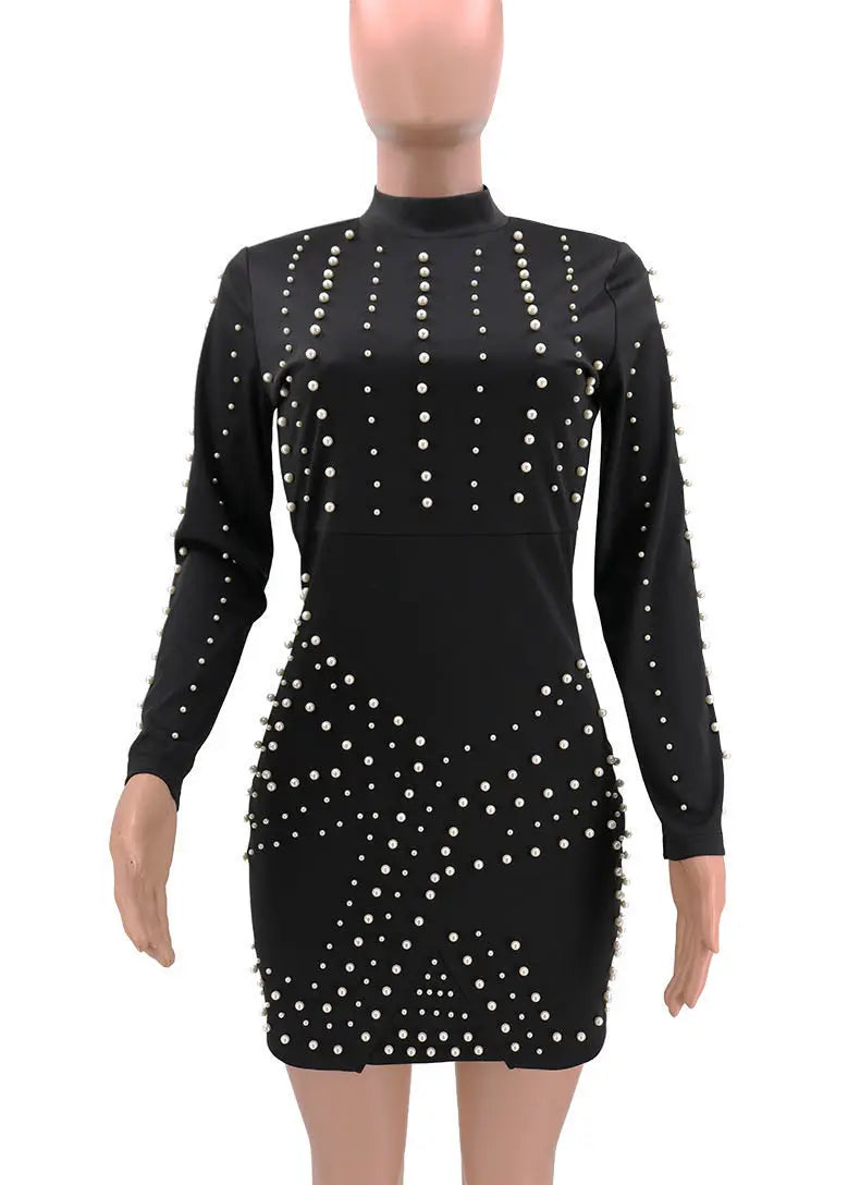 2022 New Fashion Mature Women Bandage Dress Wholesale Pearls Beading Long Sleeve Casual Dress