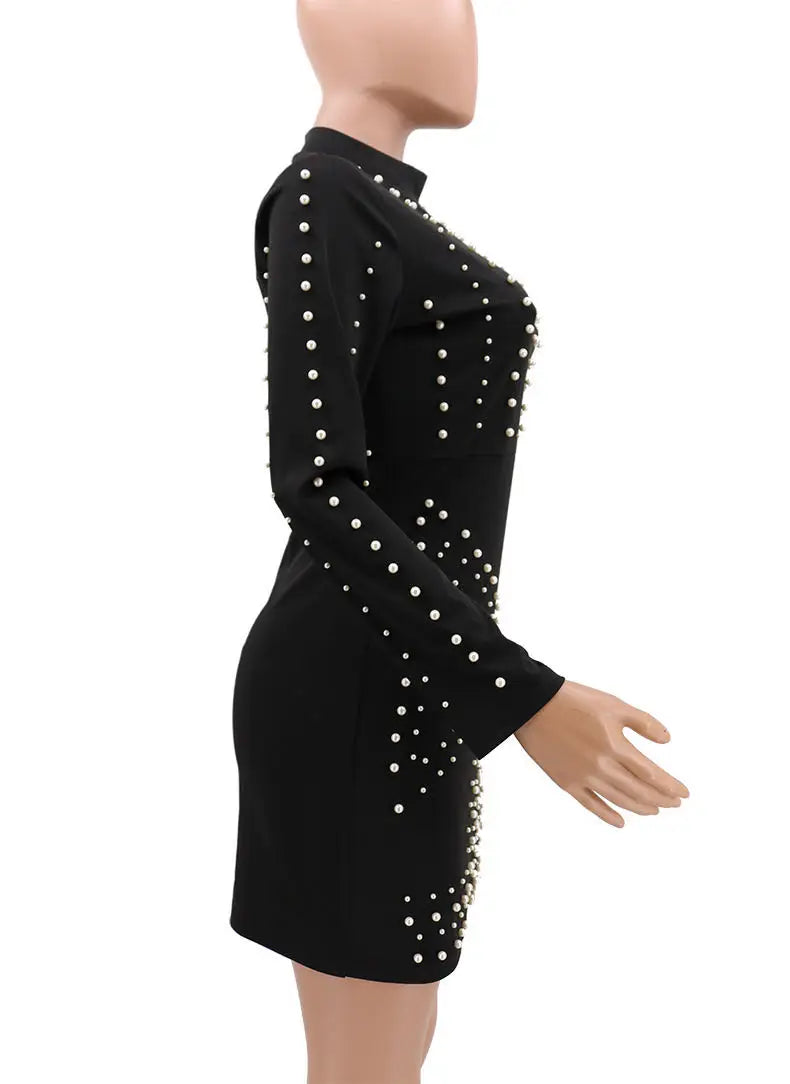 2022 New Fashion Mature Women Bandage Dress Wholesale Pearls Beading Long Sleeve Casual Dress