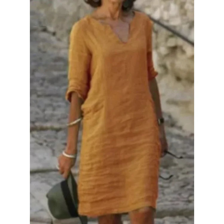 Vintage Women Solid Mini Dress Summer Fashion V-neck Three Quater Sleeve Cotton Linen Dress Ladies Casual