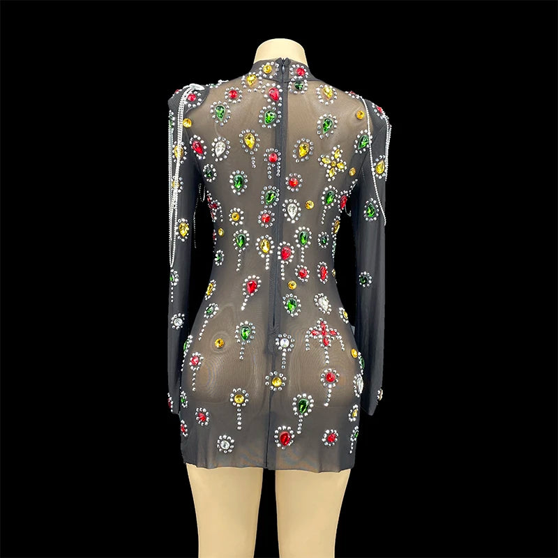 NOVANCE Fall Clothing for Women Multi-color Stones Transparent Mesh Sparkling Sexy Dress Sexy Club Long Sleeve Dresses