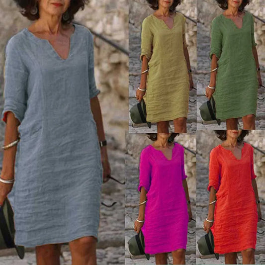 Vintage Women Solid Mini Dress Summer Fashion V-neck Three Quater Sleeve Cotton Linen Dress Ladies Casual