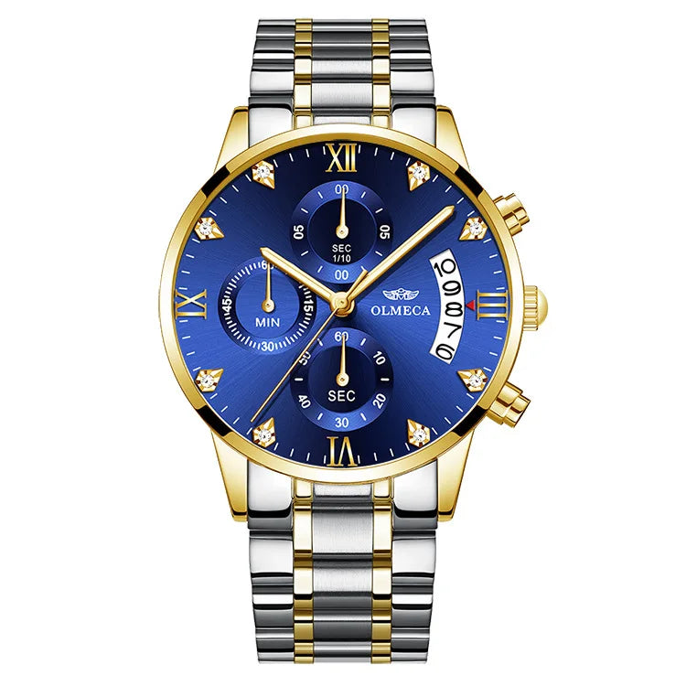 OLMECA 0878 New Design Gold Male Quartz Watch Designer Stainless Steel Band 3 Dials Chronometer Character Running Watch Set