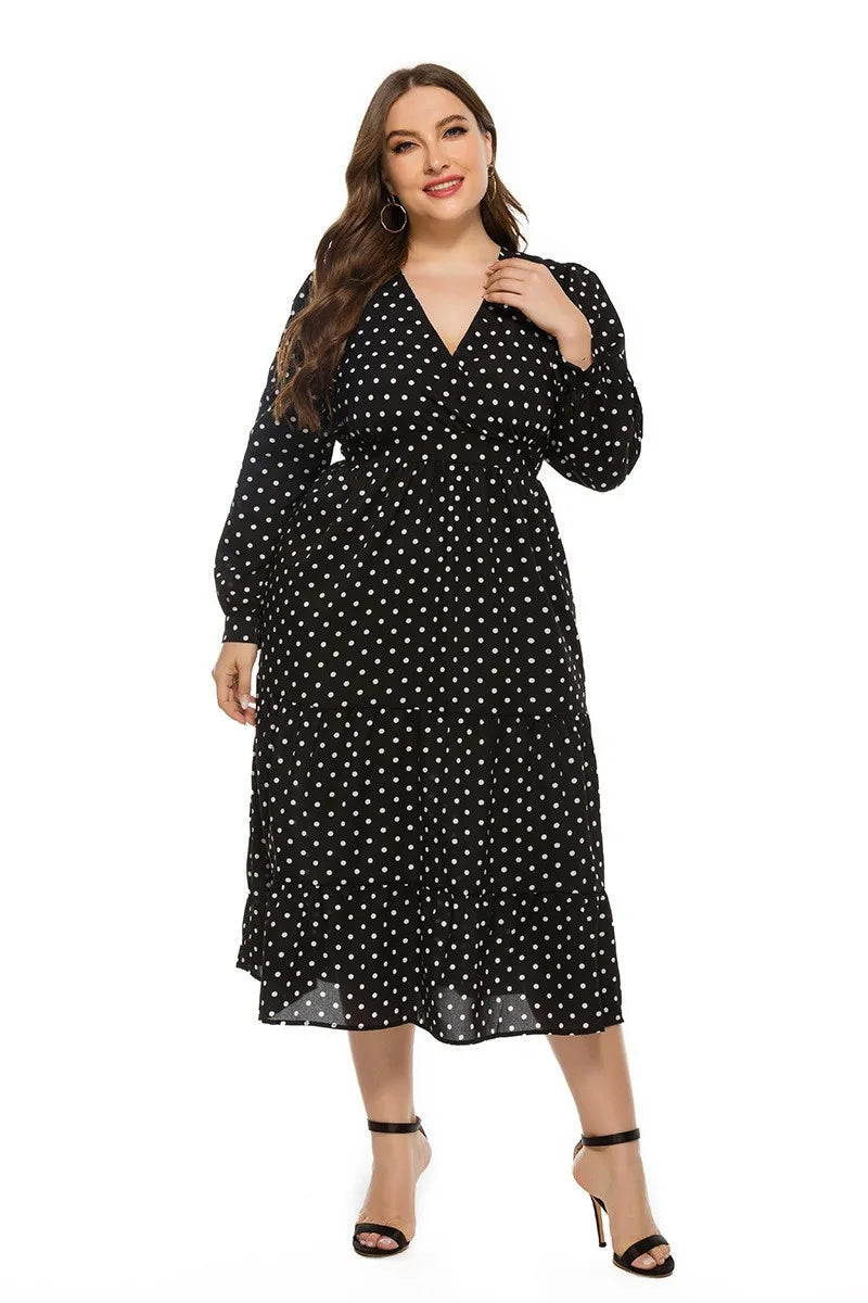 Women Casual Loose Dot Printing Pleated Midi Dress Long Sleeve Dresses Ruched Front Tie Swing Elegant Dress
