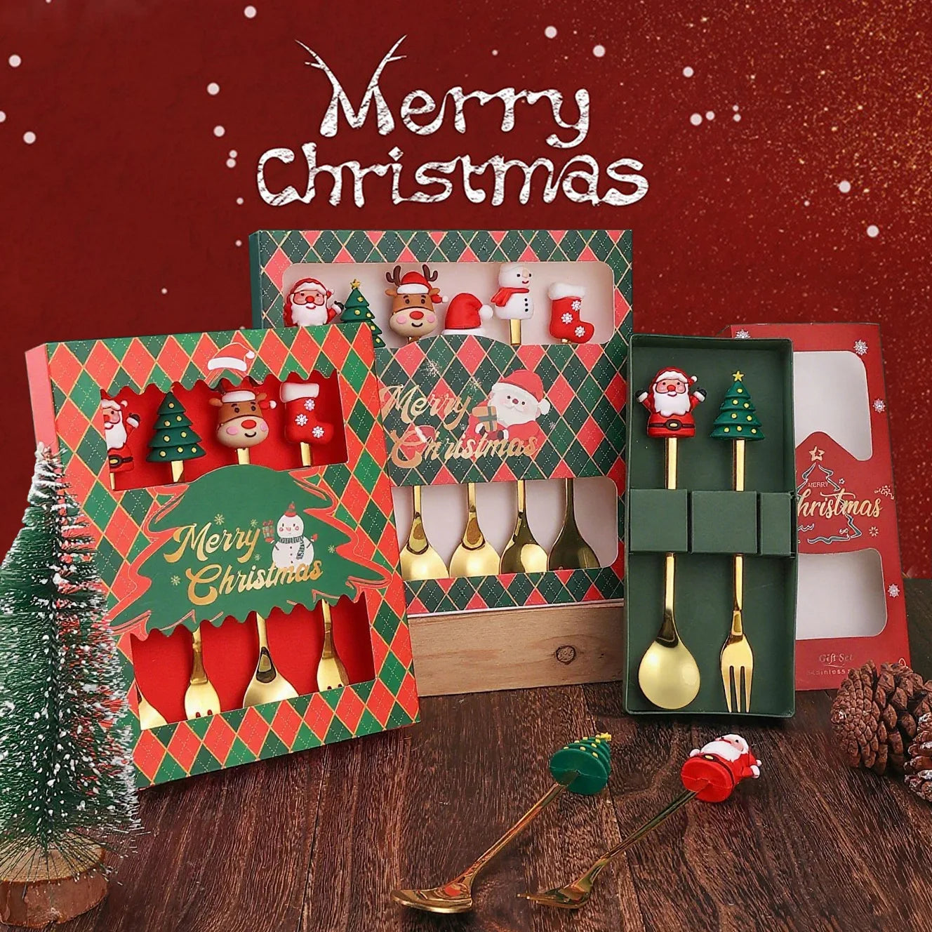 Christmas Tableware Santa Elk Doll Dessert Spoons Fork 2pcs Set One Gift Set Box