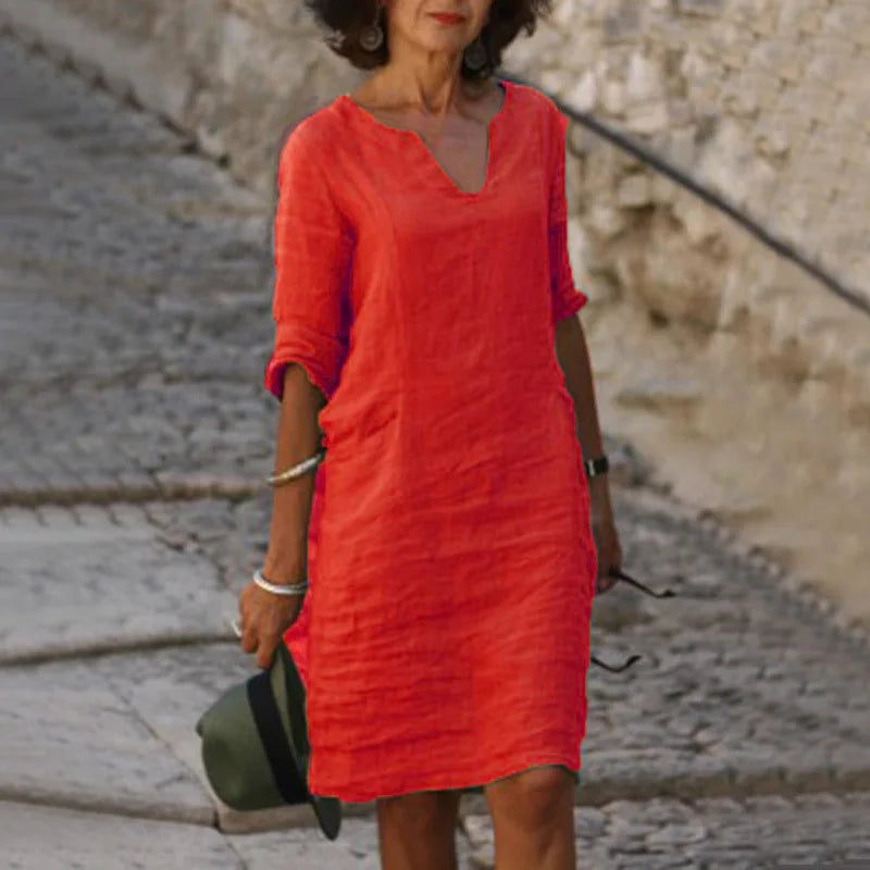 Vintage Women Solid Mini Dress Summer Fashion V-neck Three Quater Sleeve Cotton Linen Dress Ladies Casual