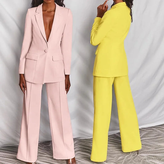 2025 European American Fashion Women's Elegant Blazer Suit Set Cross-Border Spring Autumn Slim Lapel Cardigan Button Decoration