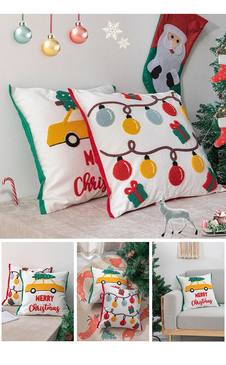 Christmas Decoration Cushion Cover Santa Snowflake Pillow Case Cotton Square Embroidery Pillow Cover 45x45cm