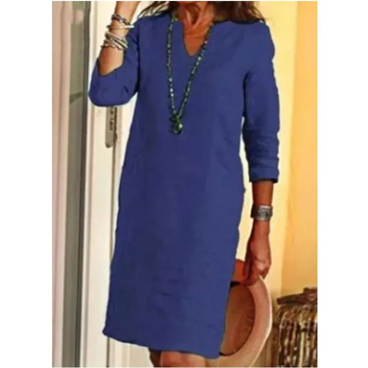 Vintage Women Solid Mini Dress Summer Fashion V-neck Three Quater Sleeve Cotton Linen Dress Ladies Casual