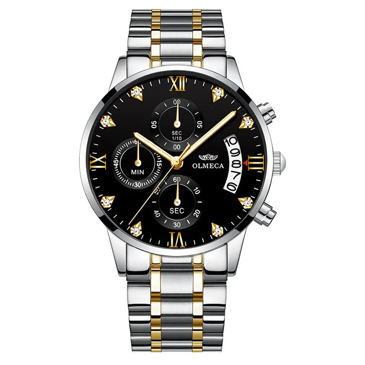 OLMECA 0878 New Design Gold Male Quartz Watch Designer Stainless Steel Band 3 Dials Chronometer Character Running Watch Set