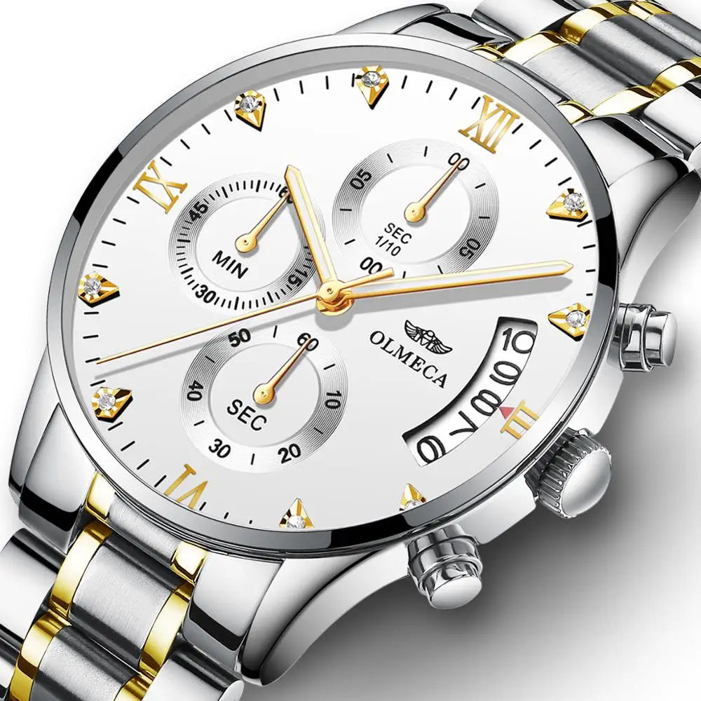 OLMECA 0878 New Design Gold Male Quartz Watch Designer Stainless Steel Band 3 Dials Chronometer Character Running Watch Set