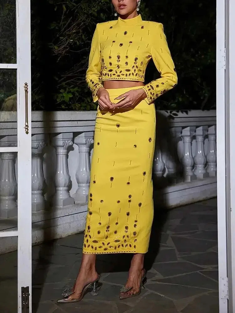 TWOTWINSTYLE Women's New High Waist Line Skirt Set Solid Spliced Diamonds Two Piece Stand Collar Long Sleeve Tops Short