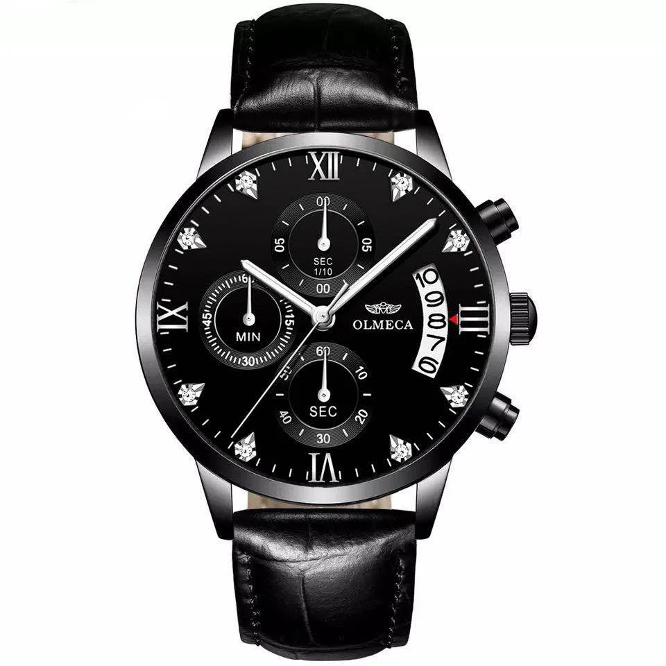 OLMECA 0878 New Design Gold Male Quartz Watch Designer Stainless Steel Band 3 Dials Chronometer Character Running Watch Set