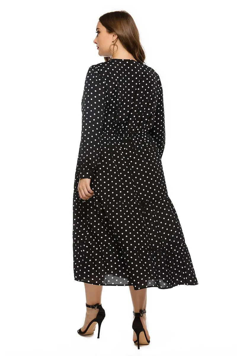 Women Casual Loose Dot Printing Pleated Midi Dress Long Sleeve Dresses Ruched Front Tie Swing Elegant Dress