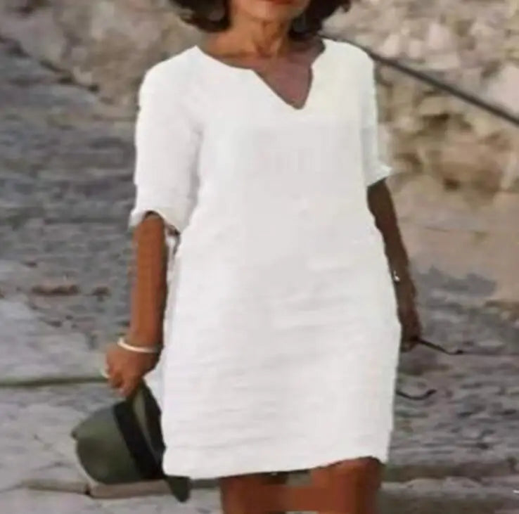 Vintage Women Solid Mini Dress Summer Fashion V-neck Three Quater Sleeve Cotton Linen Dress Ladies Casual