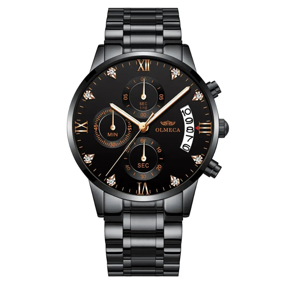 OLMECA 0878 New Design Gold Male Quartz Watch Designer Stainless Steel Band 3 Dials Chronometer Character Running Watch Set