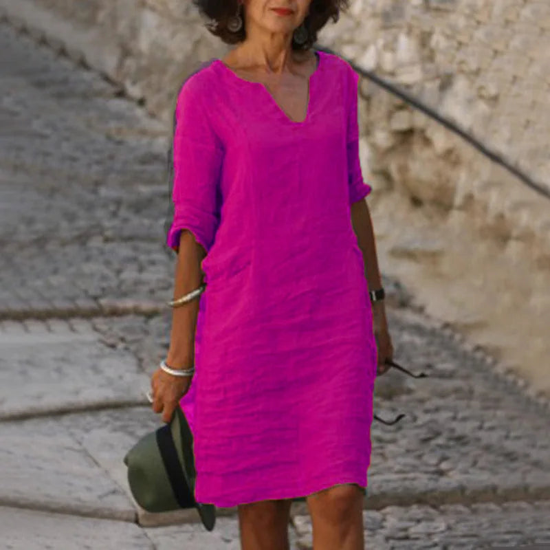 Vintage Women Solid Mini Dress Summer Fashion V-neck Three Quater Sleeve Cotton Linen Dress Ladies Casual