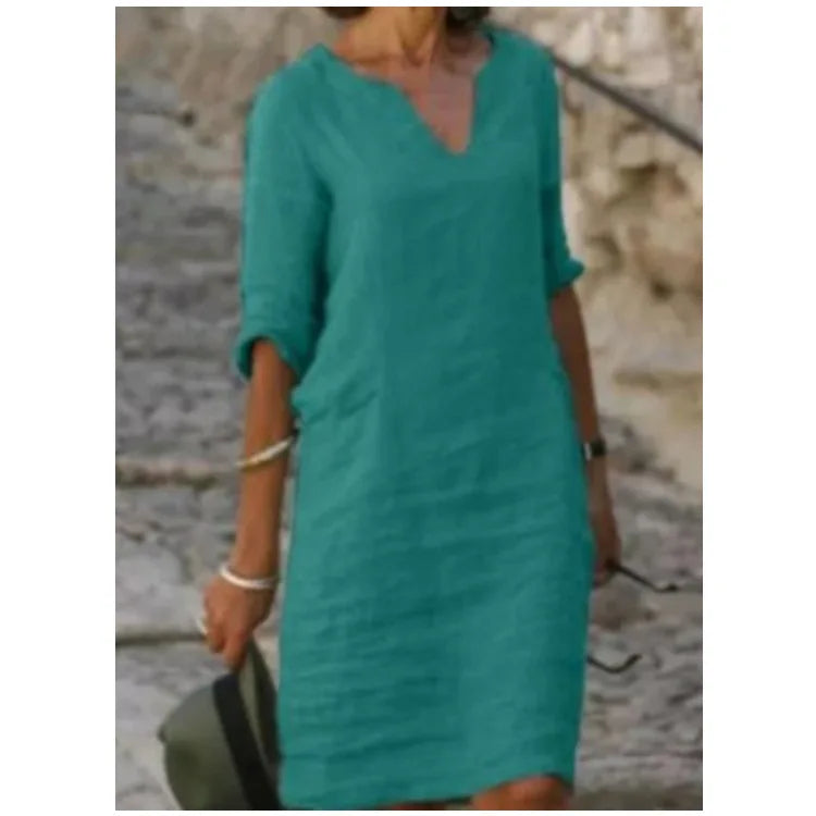 Vintage Women Solid Mini Dress Summer Fashion V-neck Three Quater Sleeve Cotton Linen Dress Ladies Casual