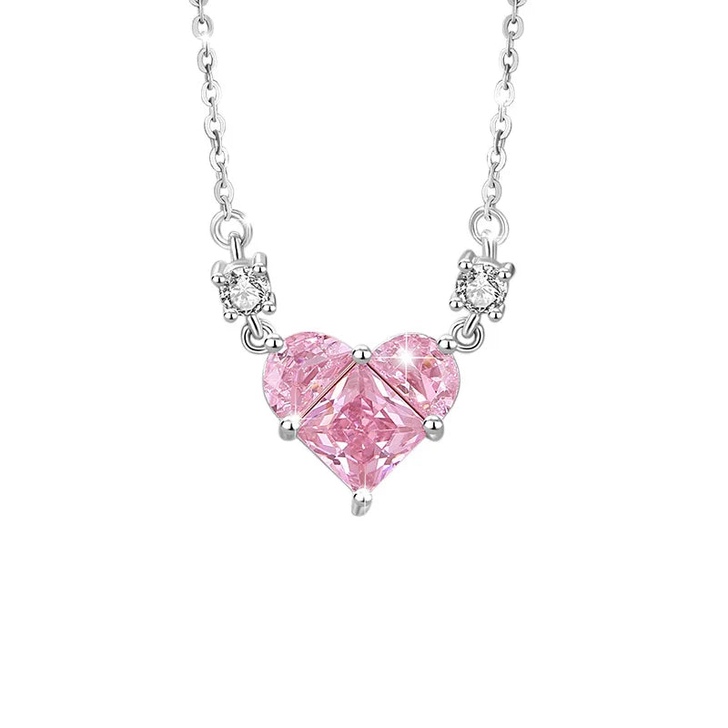 Fine Luxury 925 Sterling Silver Female Ins Wind Heart- Shaped Zircon Necklace Set Pink Diamond Trendy Style for Weddings Parties