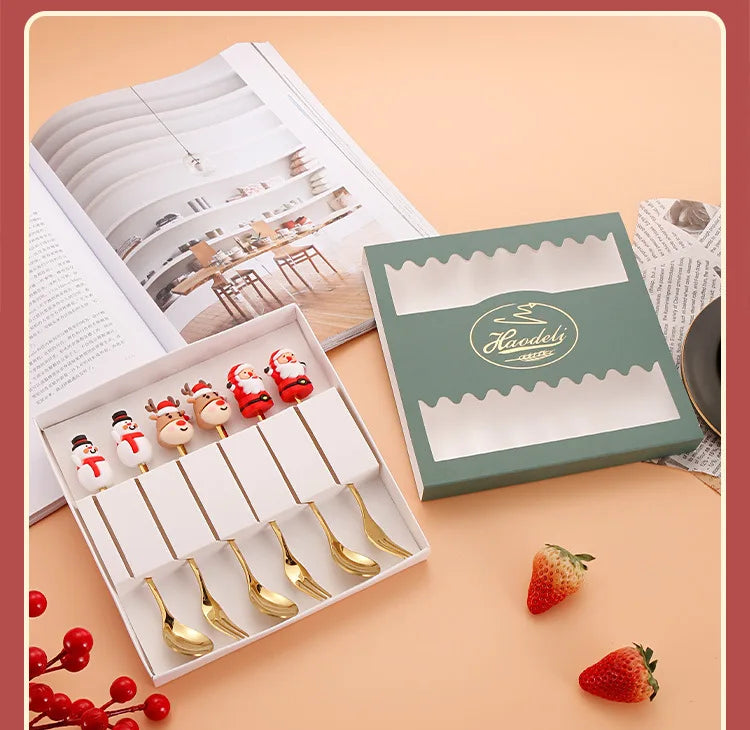 Christmas Tableware Santa Elk Doll Dessert Spoons Fork 2pcs Set One Gift Set Box
