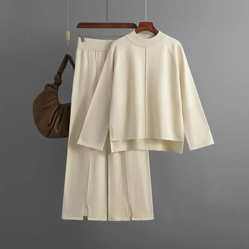 Knitted Wide Leg Pants Suit Women Fashion Sweaters Jumper Thin Casual Pants Woman Pullover Sweater