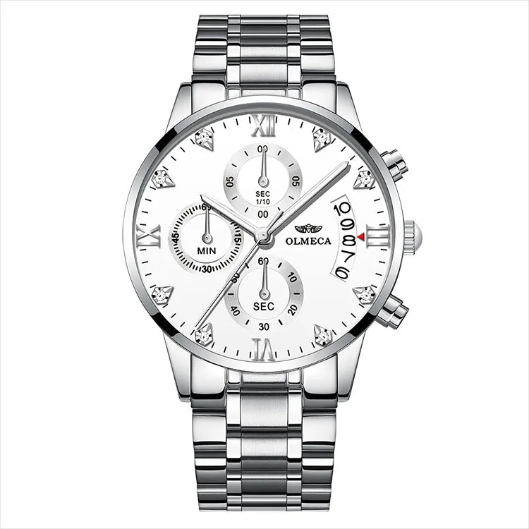 OLMECA 0878 New Design Gold Male Quartz Watch Designer Stainless Steel Band 3 Dials Chronometer Character Running Watch Set