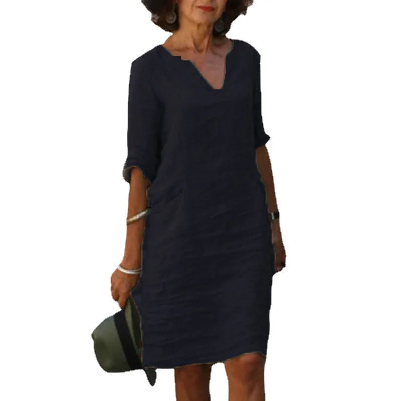 Vintage Women Solid Mini Dress Summer Fashion V-neck Three Quater Sleeve Cotton Linen Dress Ladies Casual