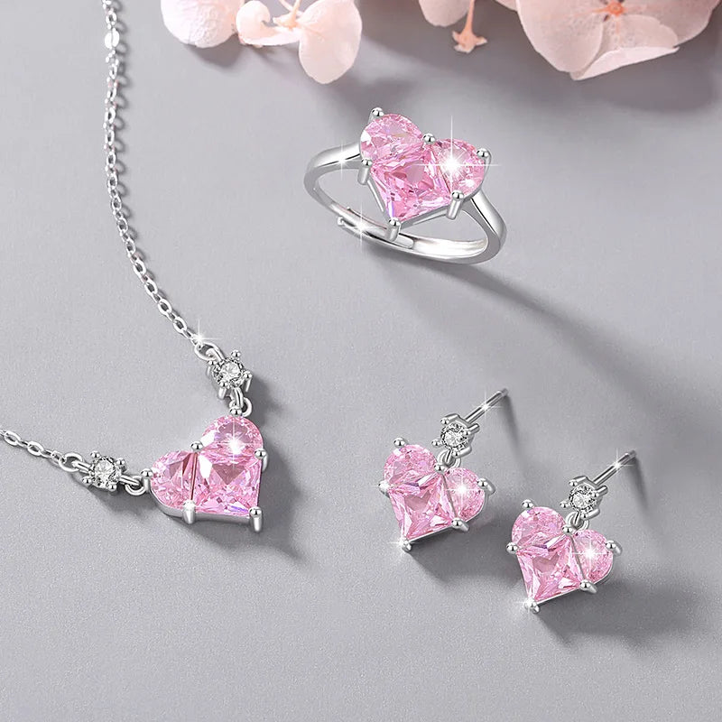Fine Luxury 925 Sterling Silver Female Ins Wind Heart- Shaped Zircon Necklace Set Pink Diamond Trendy Style for Weddings Parties