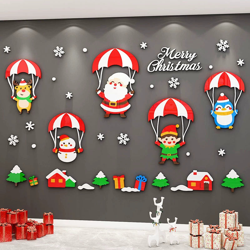 Christmas Decoration Scene Layout Shopping Window Glass Sticker Painting Santa Claus Christmas Tree Wall Decorations