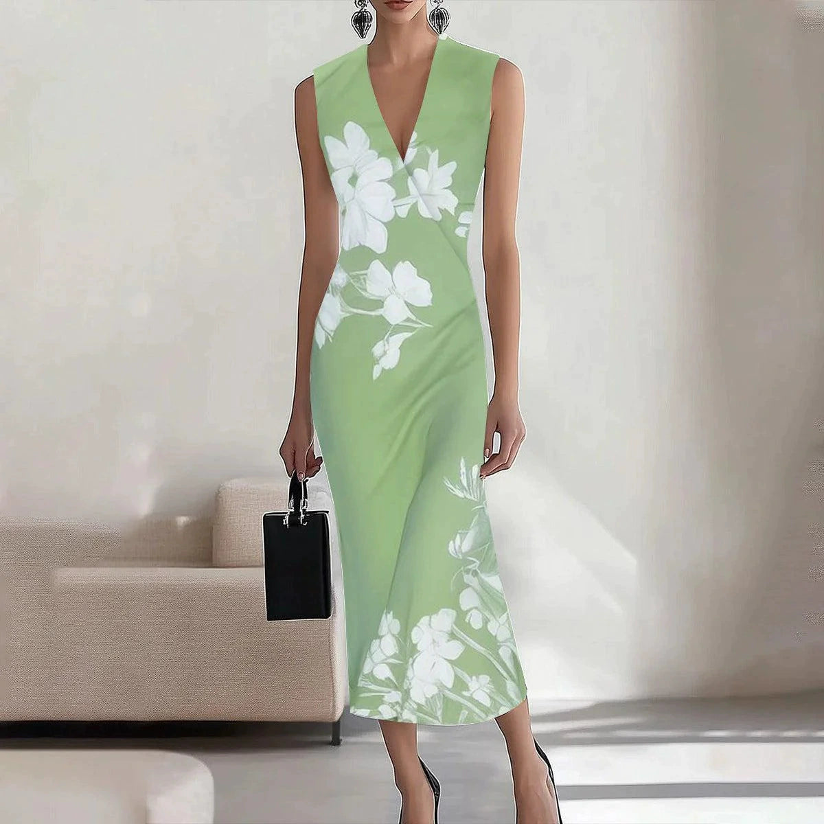 European and American Fashion Sexy Deep V-neck Sleeveless Print Slim fit Sheath Dress Women Temperament Waist Hugging Slimming Long Dress