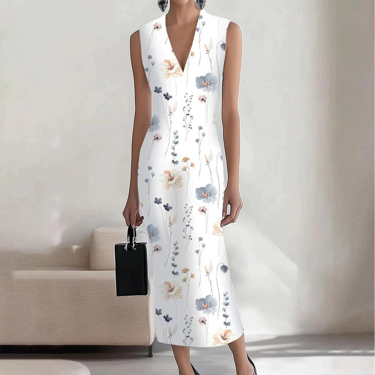 European and American Fashion Sexy Deep V-neck Sleeveless Print Slim fit Sheath Dress Women Temperament Waist Hugging Slimming Long Dress