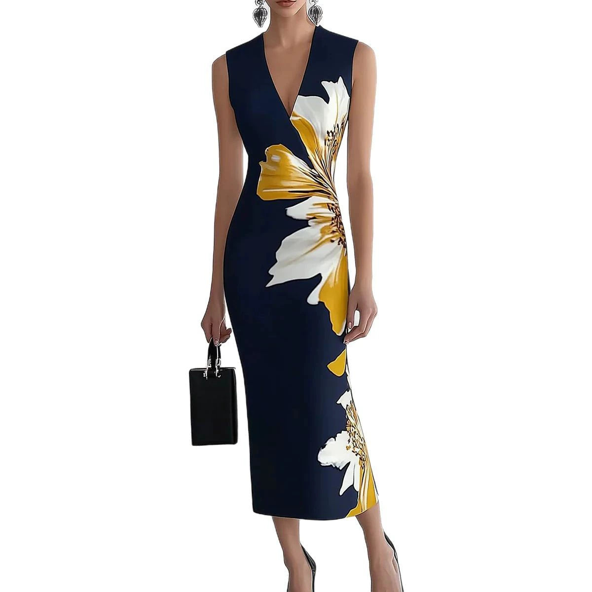 European and American Fashion Sexy Deep V-neck Sleeveless Print Slim fit Sheath Dress Women Temperament Waist Hugging Slimming Long Dress
