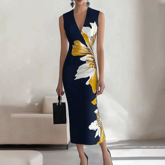 European and American Fashion Sexy Deep V-neck Sleeveless Print Slim fit Sheath Dress Women Temperament Waist Hugging Slimming Long Dress