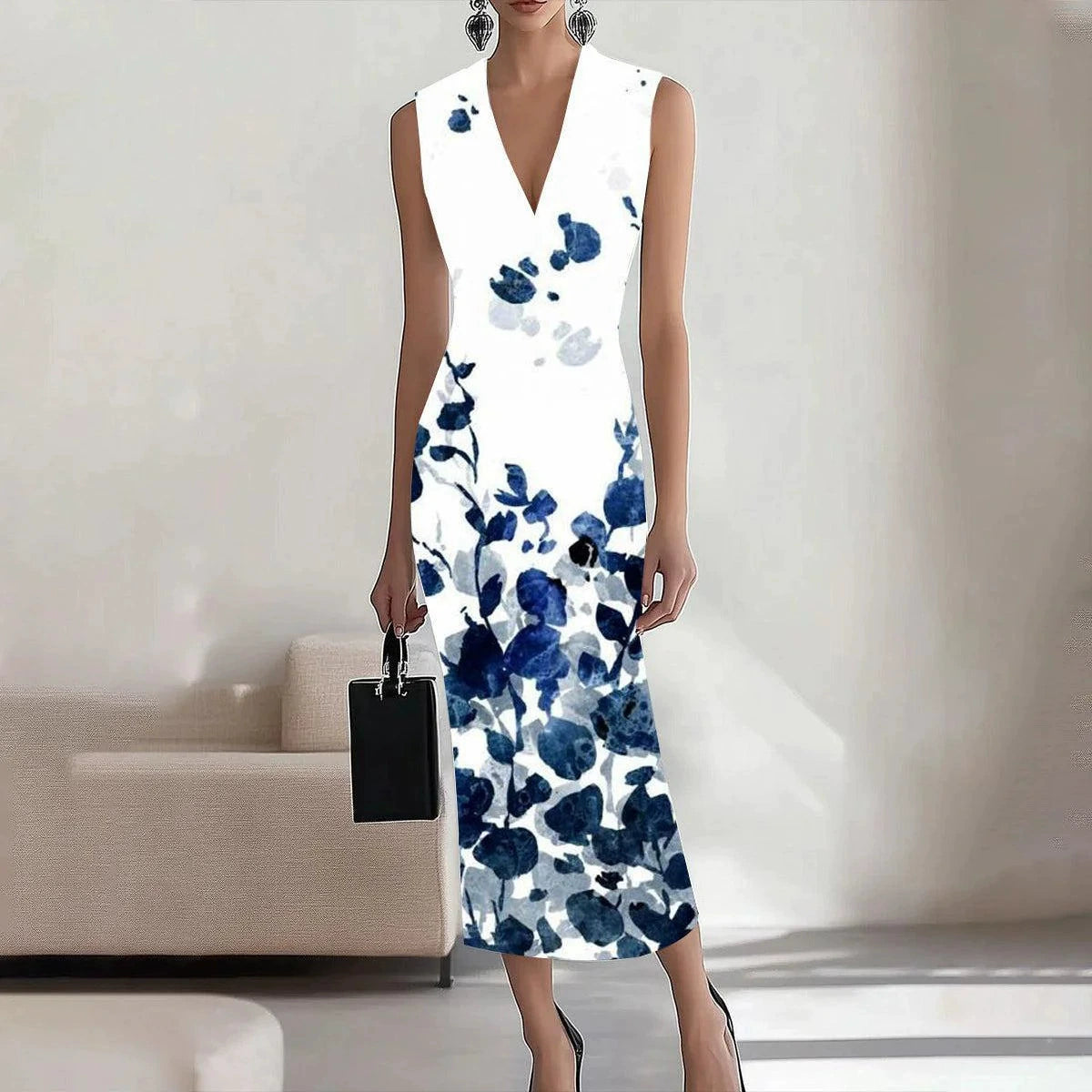 European and American Fashion Sexy Deep V-neck Sleeveless Print Slim fit Sheath Dress Women Temperament Waist Hugging Slimming Long Dress