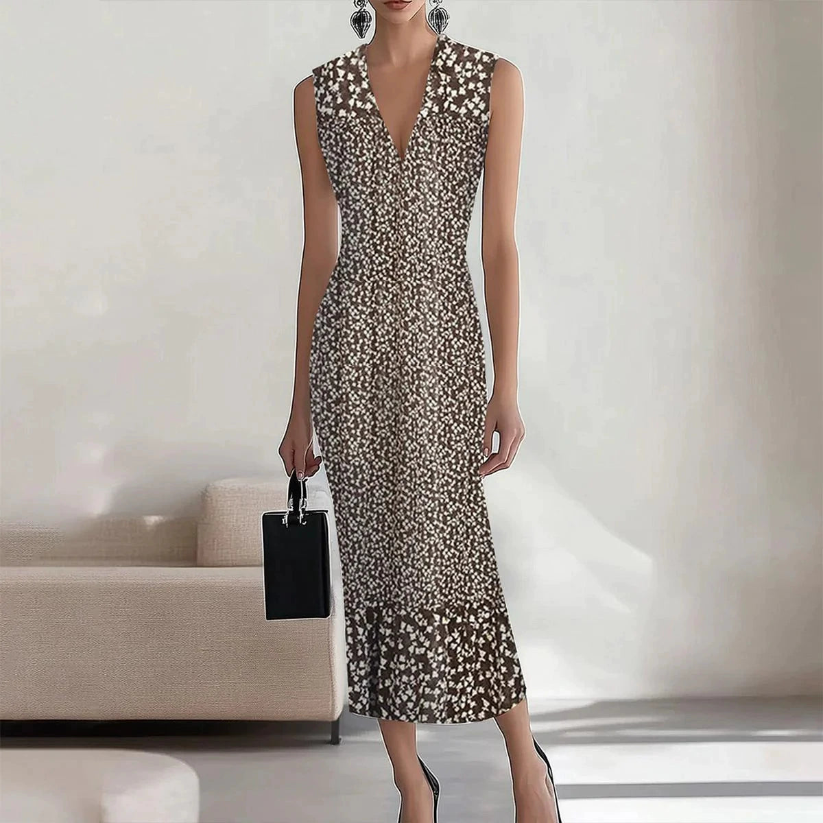European and American Fashion Sexy Deep V-neck Sleeveless Print Slim fit Sheath Dress Women Temperament Waist Hugging Slimming Long Dress