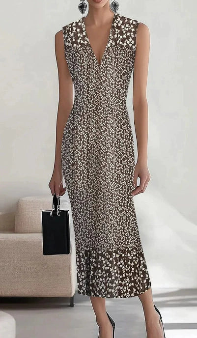 European and American Fashion Sexy Deep V-neck Sleeveless Print Slim fit Sheath Dress Women Temperament Waist Hugging Slimming Long Dress
