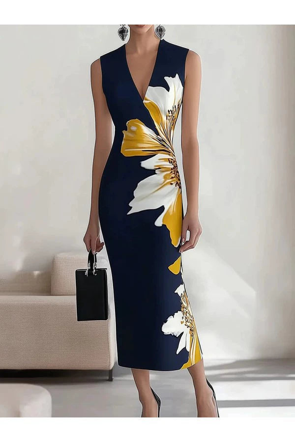 European and American Fashion Sexy Deep V-neck Sleeveless Print Slim fit Sheath Dress Women Temperament Waist Hugging Slimming Long Dress