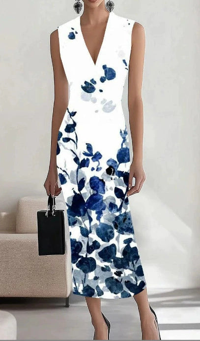 European and American Fashion Sexy Deep V-neck Sleeveless Print Slim fit Sheath Dress Women Temperament Waist Hugging Slimming Long Dress