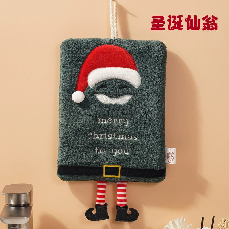 New Arrival Christmas Hand Towel Hanging Thick Coral Fleece Towel Kitchen Absorbent Quick-Drying Rag Cartoon Wiping Towel