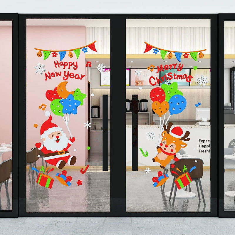 Christmas Decoration Scene Layout Shopping Window Glass Sticker Painting Santa Claus Christmas Tree Wall Decorations