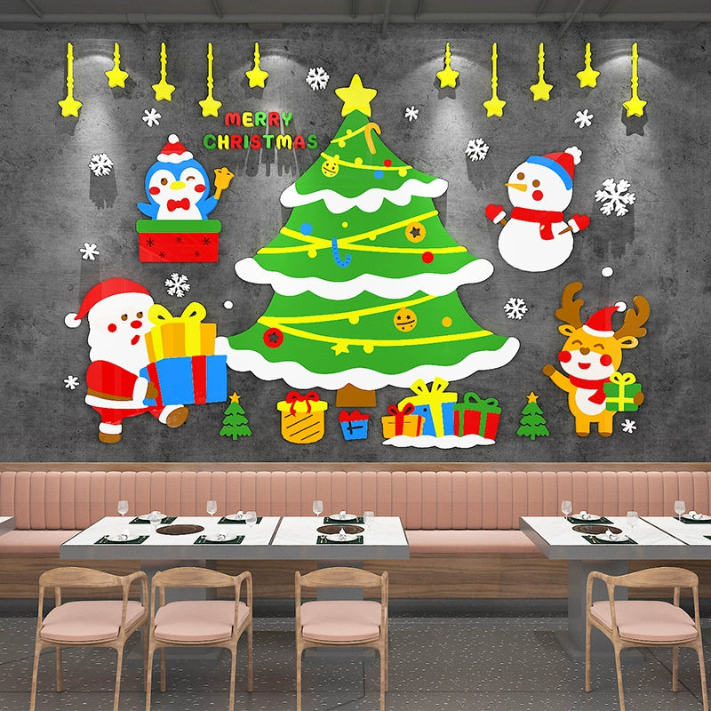Christmas Decoration Scene Layout Shopping Window Glass Sticker Painting Santa Claus Christmas Tree Wall Decorations